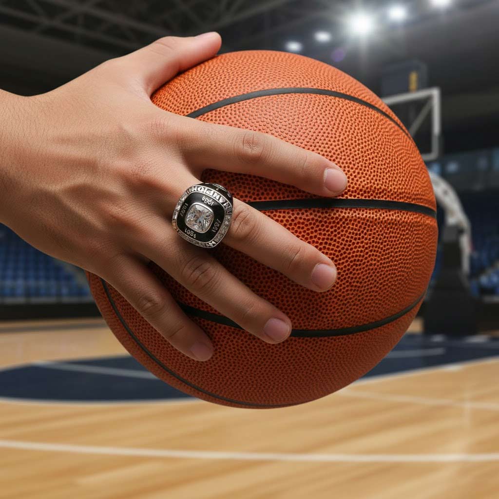 Hand holding a basketball with a custom championship ring on a basketball court