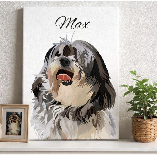 Personalized dog portrait canvas displayed on a shelf with custom pet artwork and script name