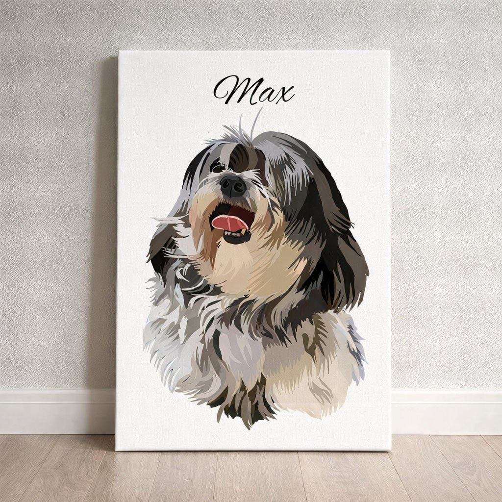 Custom dog portrait canvas featuring a personalized Shih Tzu artwork with pet name in elegant script font