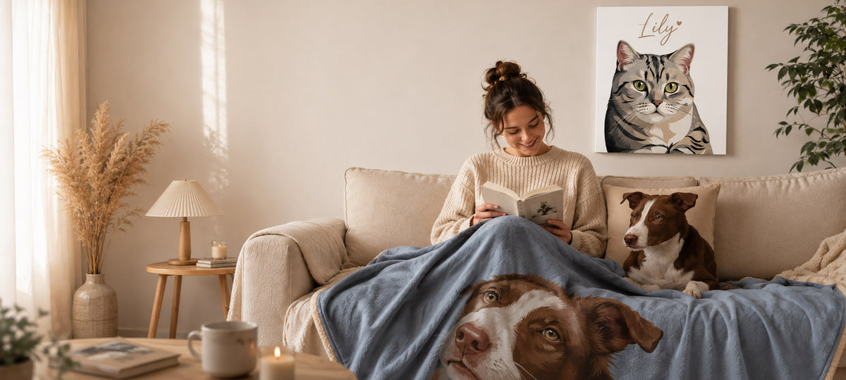 Woman relaxing with a custom pet portrait blanket, personalized dog pillow, and cat canvas artwork in a cozy living room.
