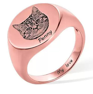 Personalized rose gold signet ring engraved with custom pet portrait and pet name