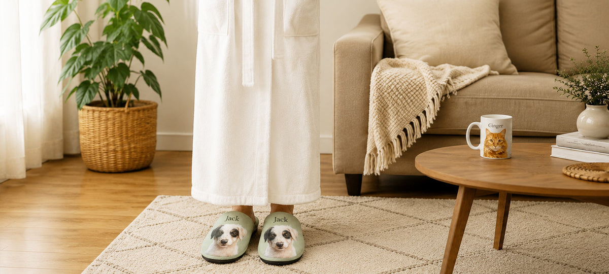A person wearing a white robe stands in a cozy living room, showing light green slippers with custom printed dog faces on the bottom. The scene includes a beige sofa with a throw blanket, a wooden coffee table with a custom cat portrait mug.