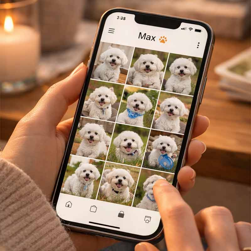 Person scrolling through a digital pet photo album on a smartphone with multiple dog photos in a cozy home setting