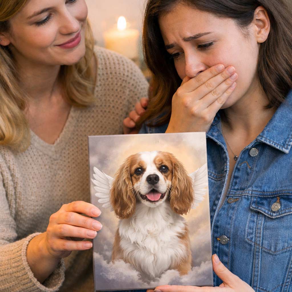 Personalized pet portrait canvas given as a sympathy gift for someone who lost a dog