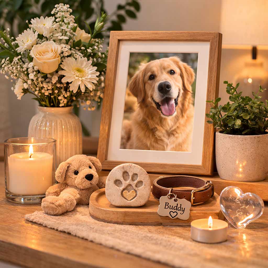 Cozy pet memorial corner with framed dog portrait, candle, flowers, paw print decor, and keepsake items