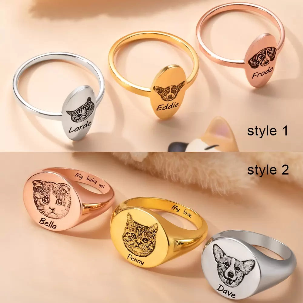 Personalized pet portrait signet ring showing round and oval-shaped ring styles in three colors