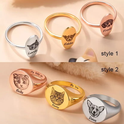 Personalized pet portrait signet ring showing round and oval-shaped ring styles in three colors