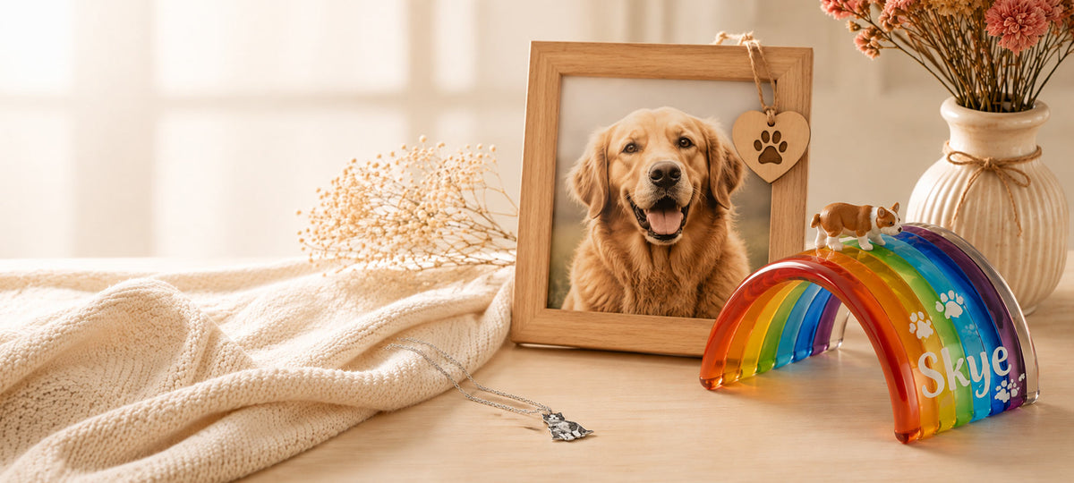 A wooden pet memorial photo frame displaying a golden retriever, styled on a light wooden table next to a rainbow keepsake box with the name 'Skye' and a cat portrait necklace