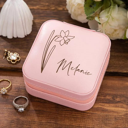 Pink vegan leather jewelry case with custom birth flower line art and engraved name