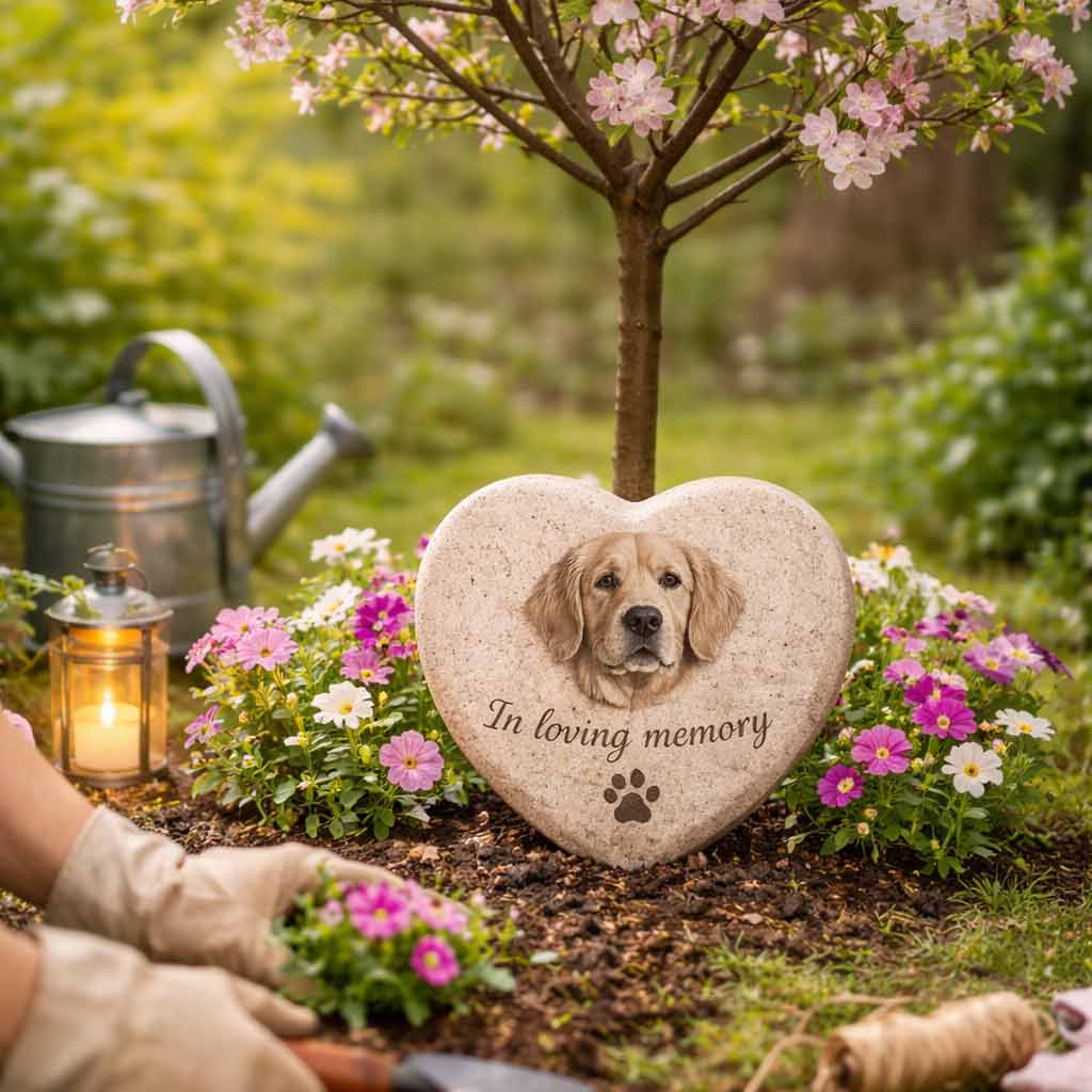 Person planting flowers around a small tree in memory of a beloved pet, with garden memorial and peaceful outdoor setting