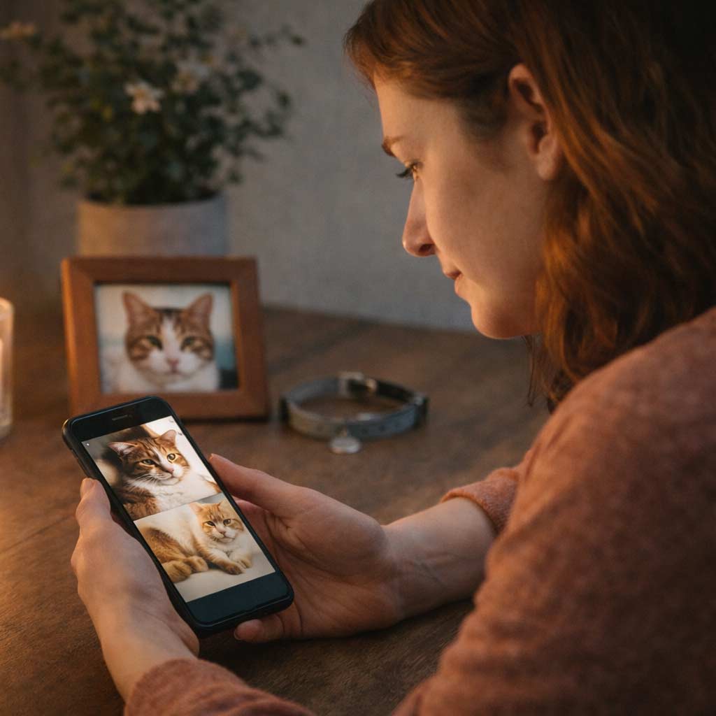 Pet owner looking at old photos of a beloved cat on a smartphone beside a candle and framed cat photo, remembering their pet.
