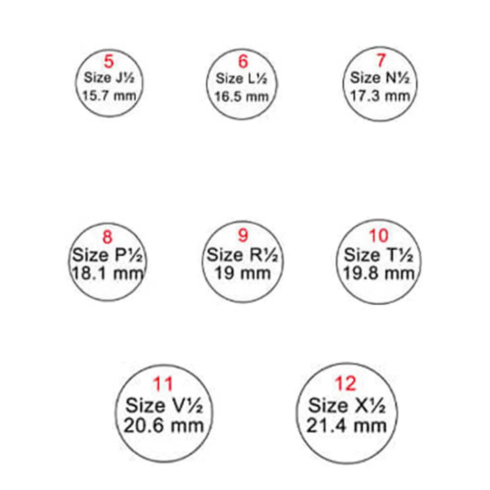 Ring size chart showing US ring sizes and inner diameter measurements for accurate ring fitting