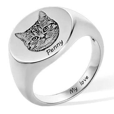 Silver round signet ring engraved with personalized pet portrait and name