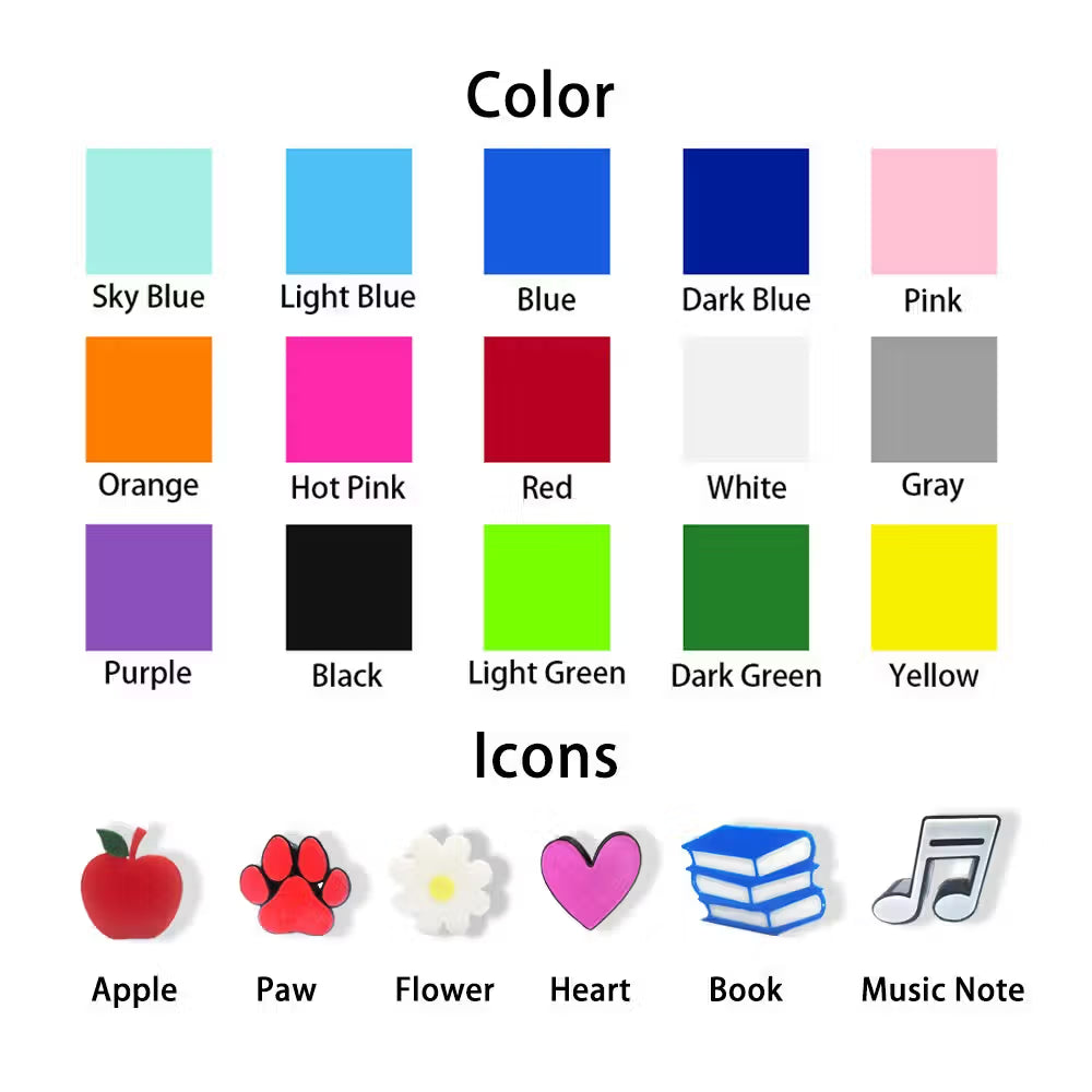 A color and icon reference chart on a white background. The top section shows labeled color swatches arranged in a grid: Sky Blue, Light Blue, Blue, Dark Blue, Pink, Orange, Hot Pink, Red, White, Gray, Purple, Black, Light Green, Dark Green, and Yellow.