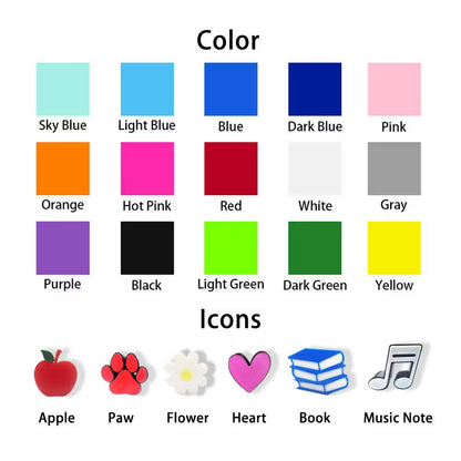 A color and icon reference chart on a white background. The top section shows labeled color swatches arranged in a grid: Sky Blue, Light Blue, Blue, Dark Blue, Pink, Orange, Hot Pink, Red, White, Gray, Purple, Black, Light Green, Dark Green, and Yellow.