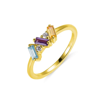 Gold baguette birthstone ring featuring up three rectangular birthstones in a minimalist setting.