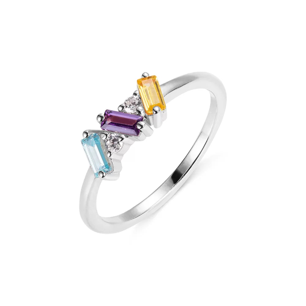 Custom baguette birthstone ring in 925 sterling silver with rectangular stones in three colors.