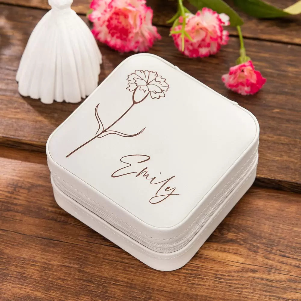 White vegan leather jewelry case with personalized birth flower and name
