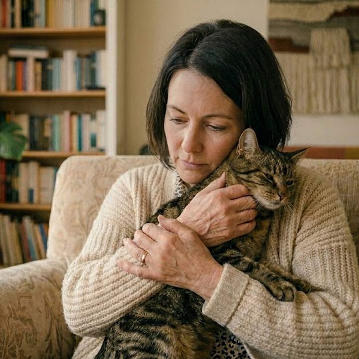 A middle-aged woman looking somber as she tenderly hugs her cat.