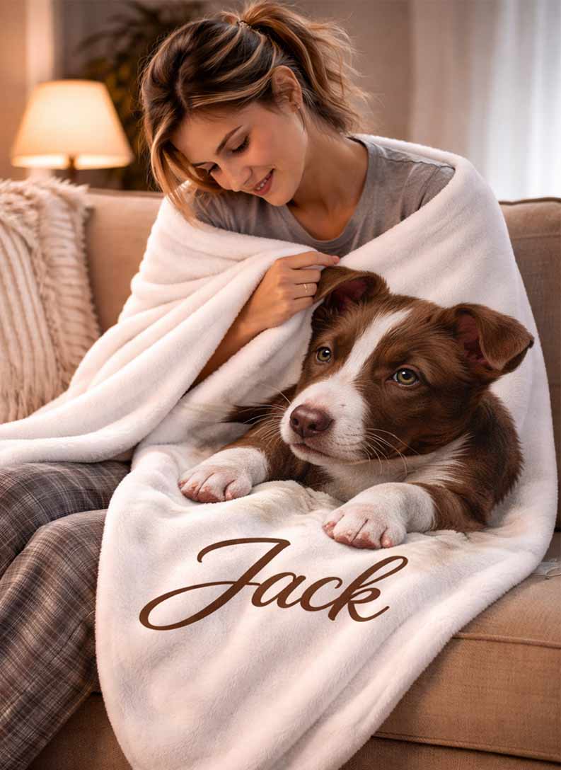 Woman holding a personalized pet memorial blanket with a dog named Jack, symbolizing comfort and remembrance after pet loss