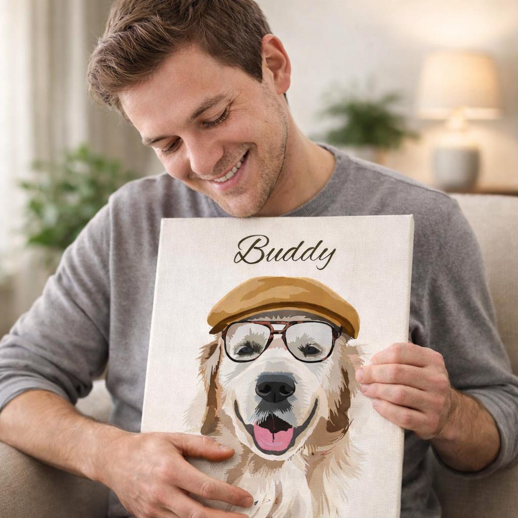Young dog dad smiling while holding a personalized dog portrait canvas featuring custom pet artwork