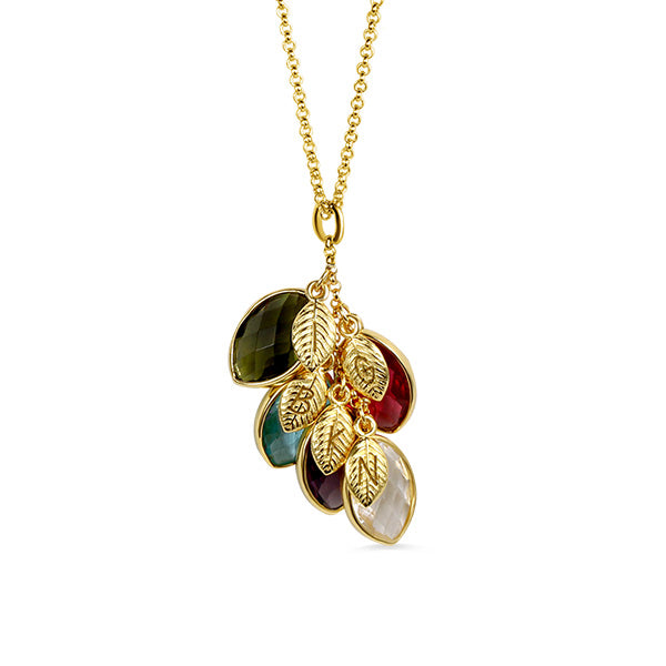 Personalized Family Symbol Leaves Birthstone with Engraved Name Necklace