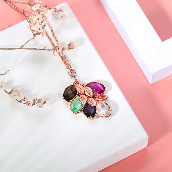 Personalized Family Symbol Leaves Birthstone with Engraved Name Necklace