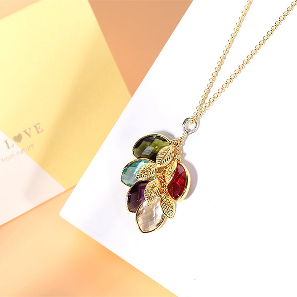 Personalized Family Symbol Leaves Birthstone with Engraved Name Necklace