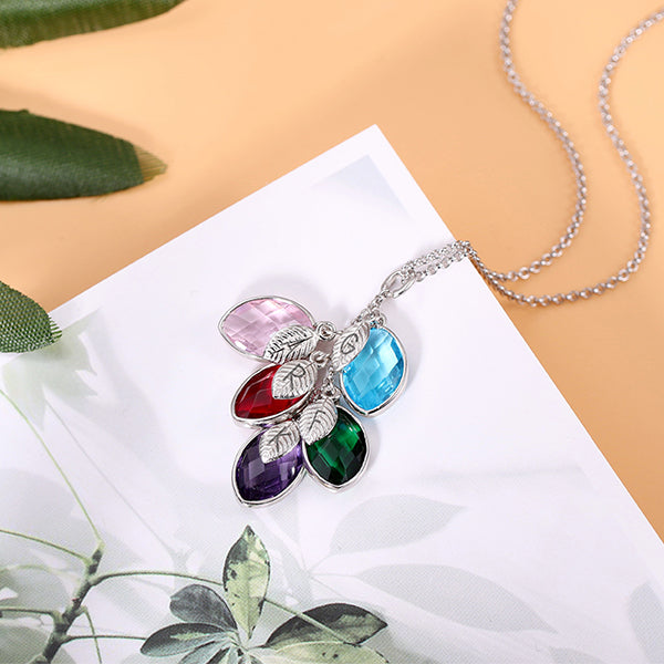 Personalized Family Symbol Leaves Birthstone with Engraved Name Necklace