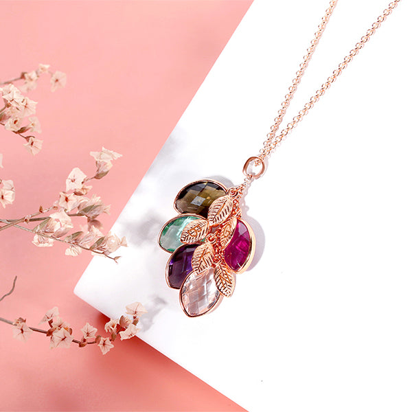 Personalized Family Symbol Leaves Birthstone with Engraved Name Necklace