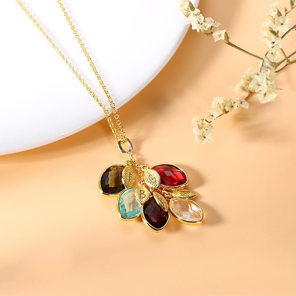 Personalized Family Symbol Leaves Birthstone with Engraved Name Necklace