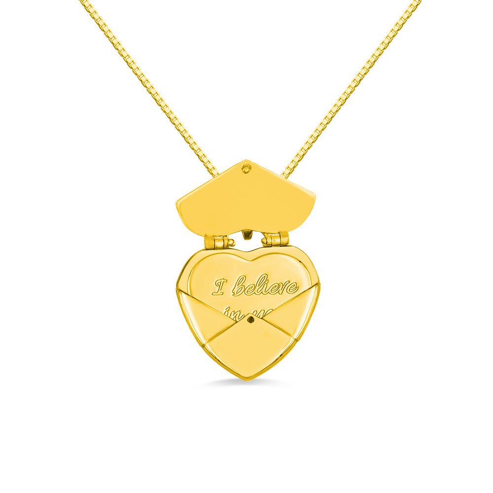 A silver custom heart shaped envelope  necklace with  a heart custom message inside