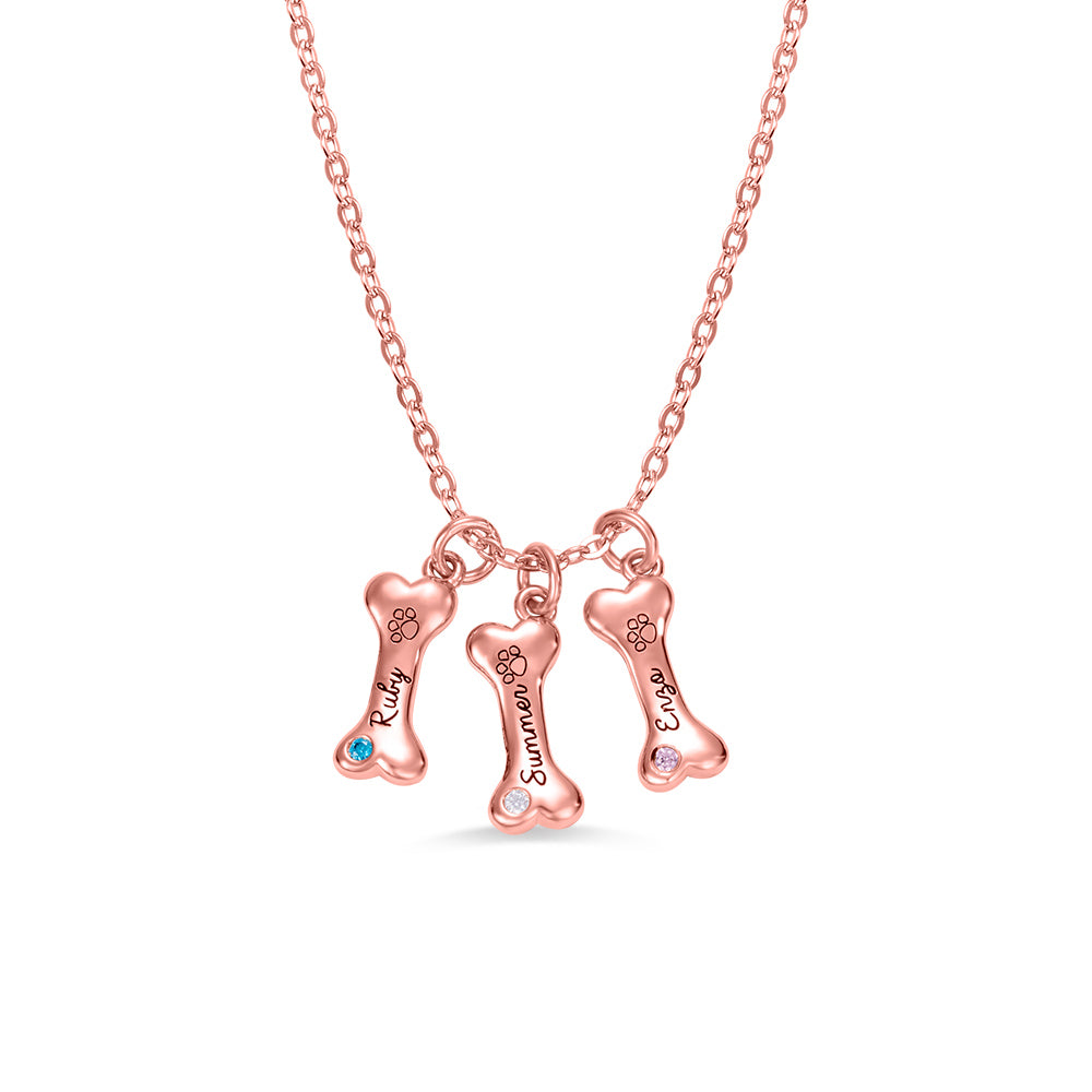 Three  lovely  custom red rose dog bone pendant with birthstone and dog names engraved 
