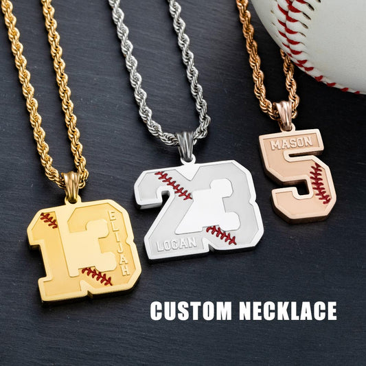Three display of custom baseball sport number and name. There are silver, gold and red rose color 