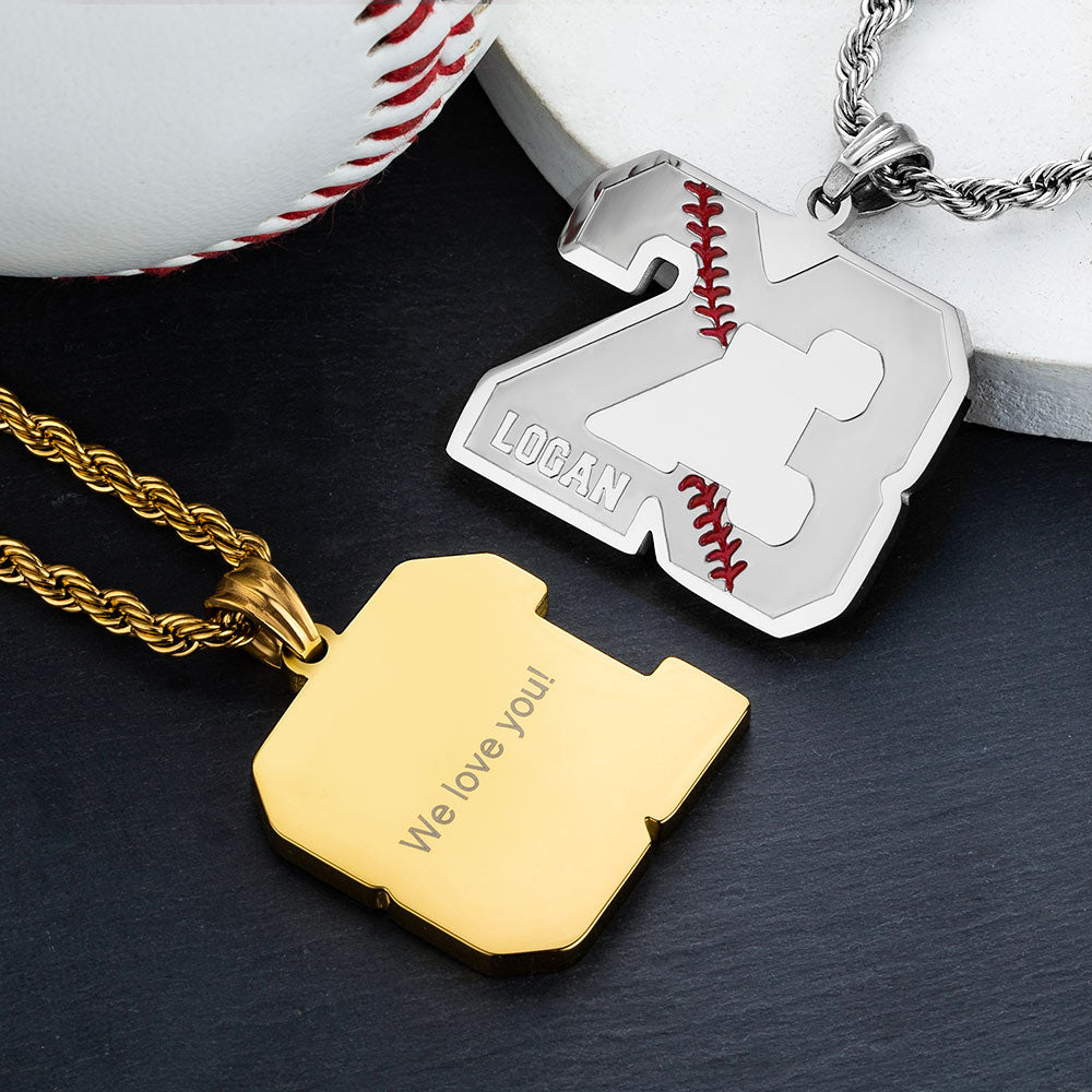 The custom silver baseball sport number necklace with Logan name engraved  and the back engraving "we love you" of gold custom baseball necklace