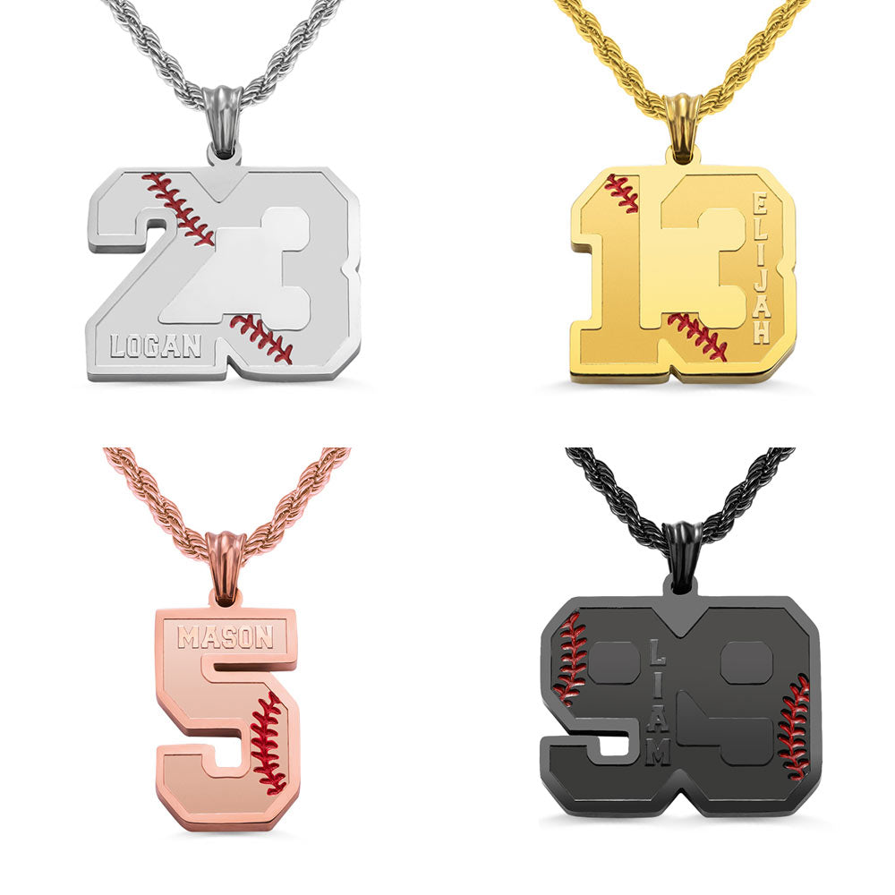 A collection  four color of custom baseball sports number and name necklace . The silver custom of number 23 with Logan name, the custom gold number 13 with Elijah engraved name, the custom of red rose color number five with Mason engraved name. The custom of black color baseball sport number 99 with Liam engraved name necklace