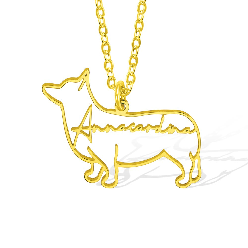 A custom gold Corgis outline pendant necklace 