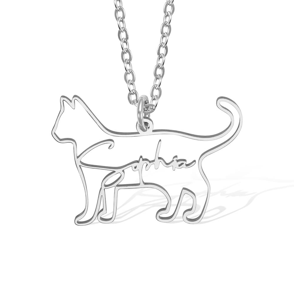 A custom silver  outline pendant necklace with it's name Sophia
