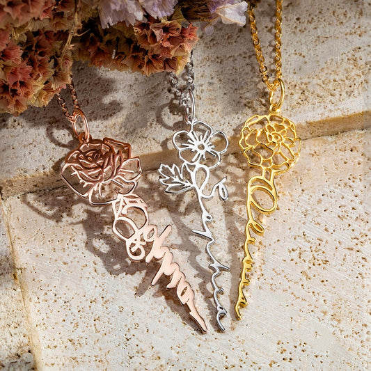Custom Birth Dainty Floral Name Necklace