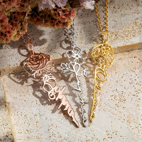 Custom Birth Dainty Floral Name Necklace
