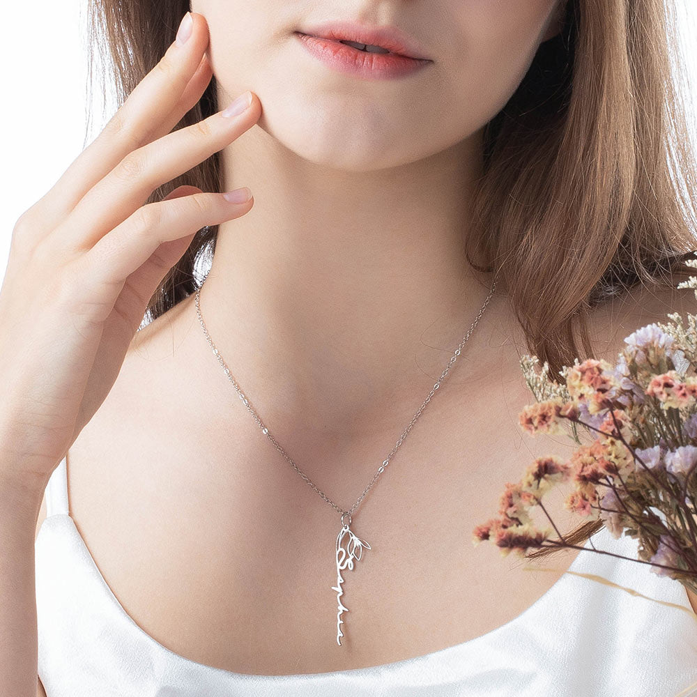 Custom Birth Dainty Floral Name Necklace