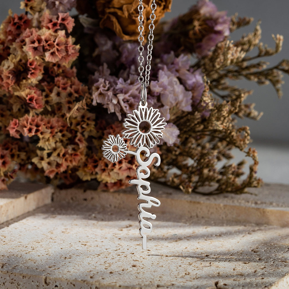 Custom Birth Dainty Floral Name Necklace