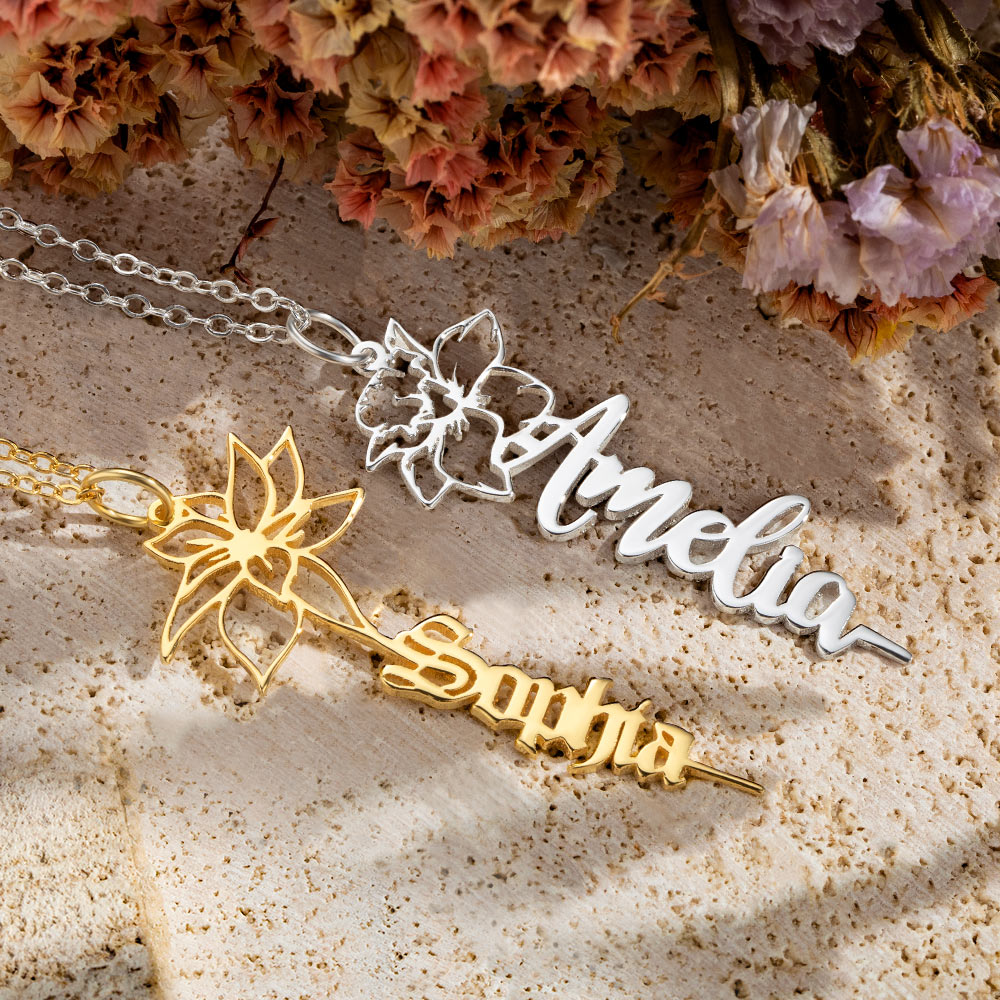 Custom Birth Dainty Floral Name Necklace