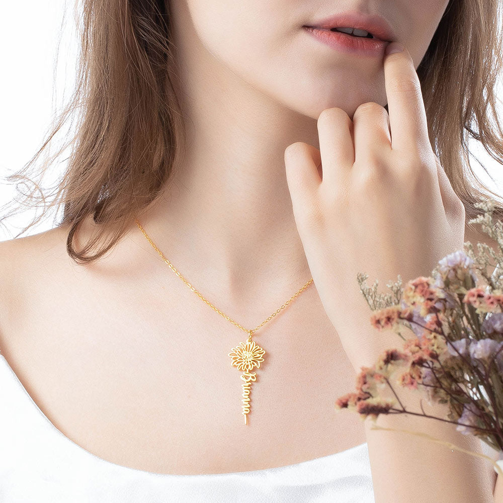 Custom Birth Dainty Floral Name Necklace