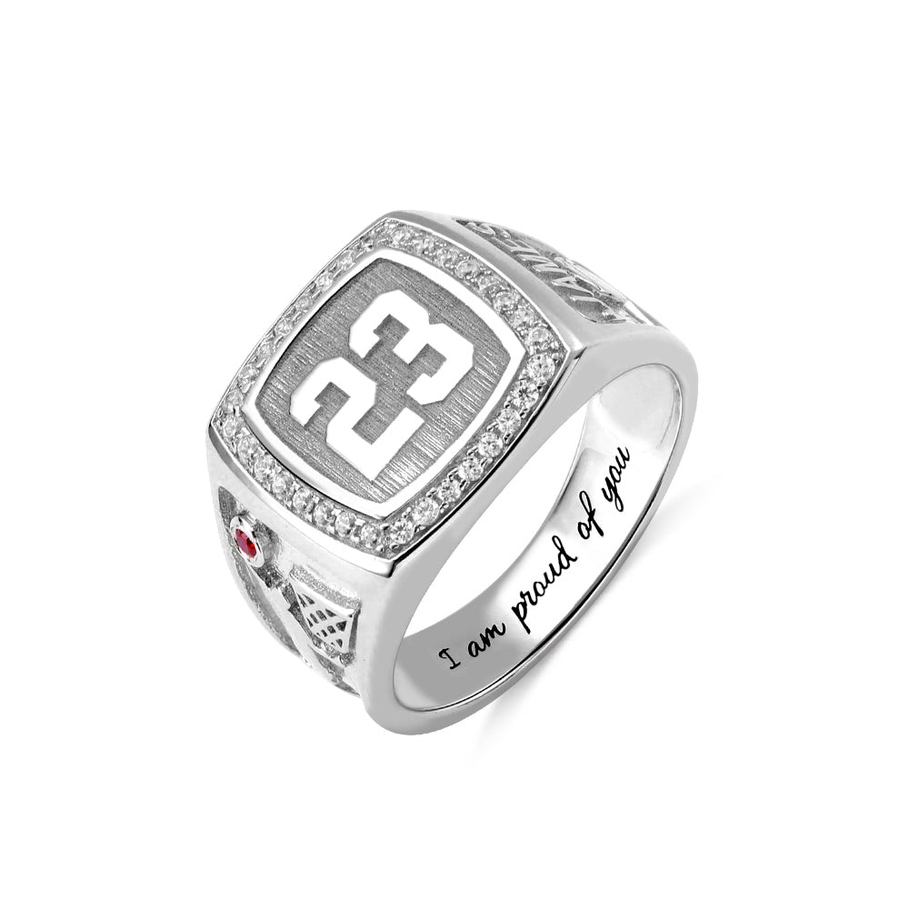 Custom Engraved Basketball Signet Ring with Birthstone