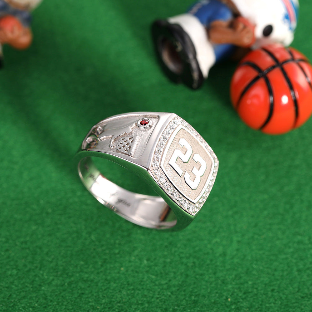 Custom Engraved Basketball Signet Ring with Birthstone