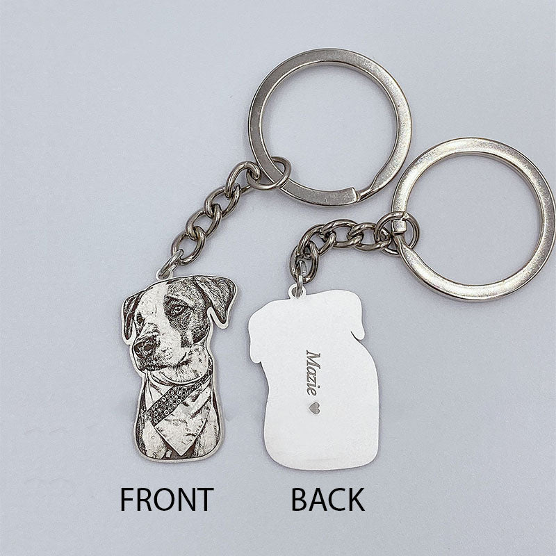 personalized dog photo keychain  silver  in front and  engraving text name  in the back