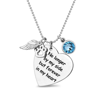 Custom Pet Memorial Heart Birthstone 925 Silver  Necklace With Wing And Paw Print