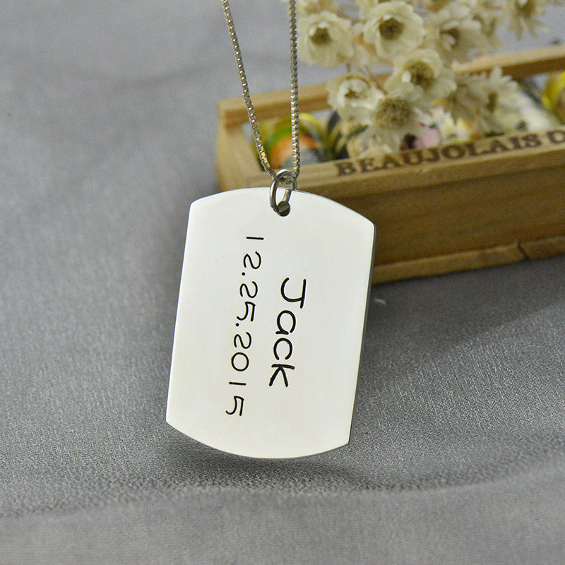 Personalized Dog Tag Pendant with Name and Birth Date 925 Silver