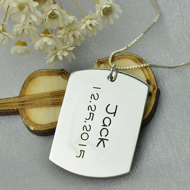 Personalized Dog Tag Pendant with Name and Birth Date 925 Silver